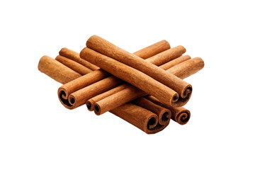 pile of aromatic cinnamon sticks arranged on a clean white background, showcasing their warm color and natural texture—perfect for culinary, natural ingredient, and herbal-themed designs