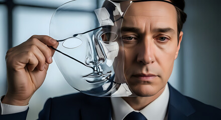 Stressed businessman revealing true self by removing polished, emotionless metallic facade in stark office environment