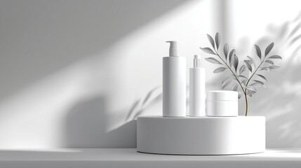 White podium on pure white background with soft plant shadow overlay, minimal natural light effect, premium skincare display style 