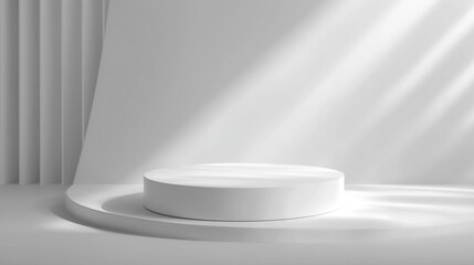 Floating white podium above soft shadow, minimal futuristic style, clean geometric shape, pure white background