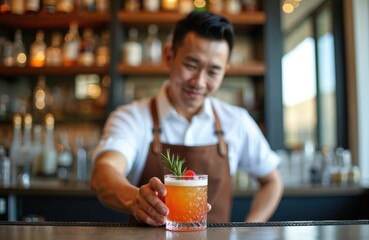 Asian bartender serves cocktail garnished with rosemary and berry. Man in apron works behind bar counter, prepares drink. Customer waits at table in restaurant or hotel lounge.