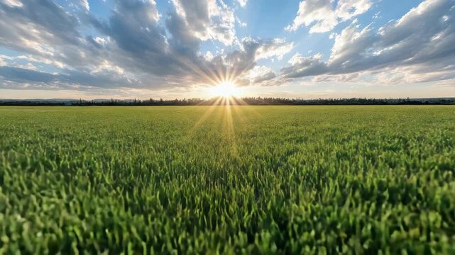 Sunray over lush green wheat field at sunrise with dramatic warm horizon light
