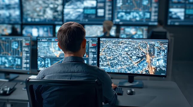 Man monitors city map on multiple screens