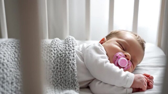 Newborn baby sleeping peacefully in a white crib with a cozy knitted blanket and a pink pacifier during the day