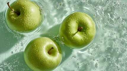 floating fresh green apples in clear water with bright caustics and glossy texture