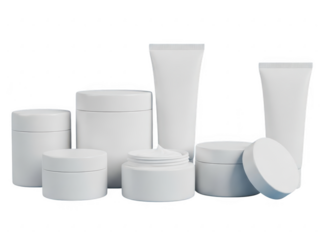 Assorted white cosmetic containers and tubes in various sizes and shapes isolated on transparent background