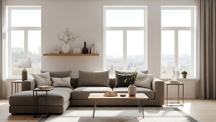 Fototapeta premium Modern Living Room with Large Windows and Comfortable Sectional Sofa.