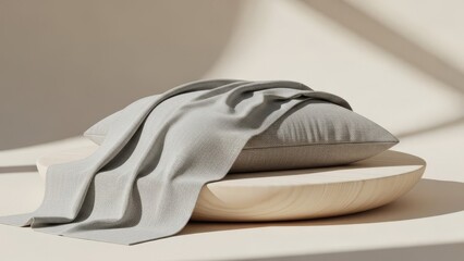 Minimalist neutral grey cushion and draped throw on a wooden surface with soft shadows