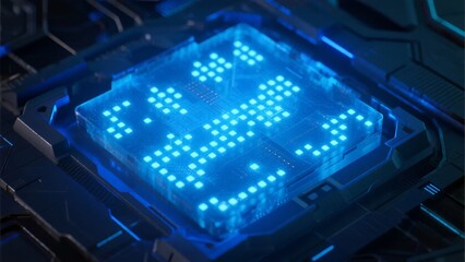 Close-up of a glowing blue microchip with illuminated circuit patterns