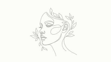 Minimalist Line Art Woman with Leaves Portrait.