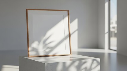 Minimalist Wooden Frame Mockup with Plant Shadows in a Bright Modern Interior