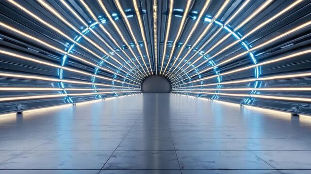 Futuristic illuminated tunnel corridor with radial light lines, curved LED motion and glowing rings