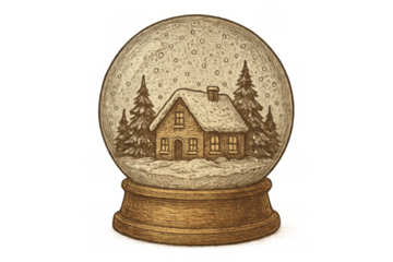 Snow globe portraying a charming cottage among snowy pine trees, creating a warm winter holiday scene. Transparent background