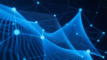 Abstract digital network with interconnected nodes and flowing lines in blue tones