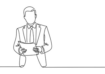 Obraz premium A simple line drawing of a businessman holding a clipboard and standing behind a line