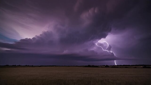 Dramatic lightning storm over a vast open field.
