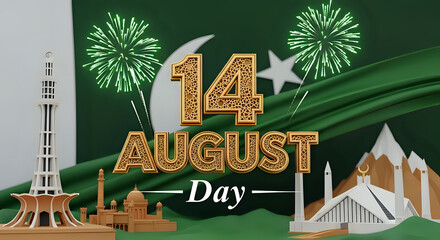 Stunning 3D rendering celebrates Pakistan Independence Day August 14th with fireworks and iconic landmarks