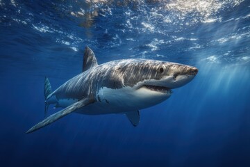 Fototapeta premium Great White Shark Swimming in the Deep Blue Ocean Water