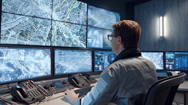 Man watches multiple screens displaying maps and data