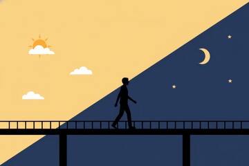Man walking across bridge from day to night