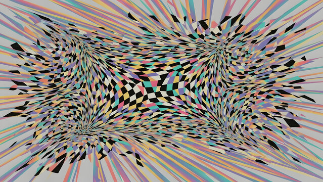 Fondo abstracto colorido de arte &oacute;ptico con tablero de ajedrez deformado y v&oacute;rtice de l&iacute;neas radiales, ilustraci&oacute;n psicod&eacute;lica din&aacute;mica ideal para posters y dise&ntilde;o digital creativo
