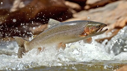 Fish leaps in rushing stream