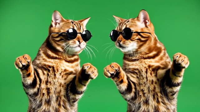 Two Cool Bengal Cats Wearing Sunglasses Standing Upright on Green Screen.
