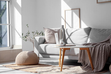 Stylish interior of living room with cozy sofa and coffee table with decor