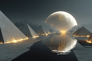 A fantastical landscape with rows of glowing pyramids standing along a mirror-like surface of water leading to a gigantic glowing celestial sphere. 