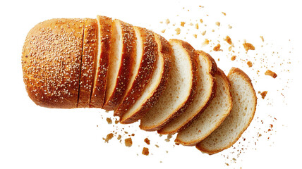 Sliced loaf, golden crust, soft interior, crumbs around