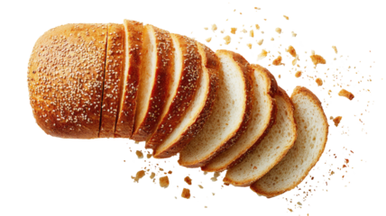 Sliced loaf, golden crust, soft interior, crumbs around