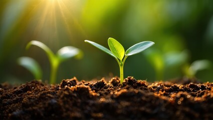 Fototapeta premium New green sprouts growing in rich soil under sunlight