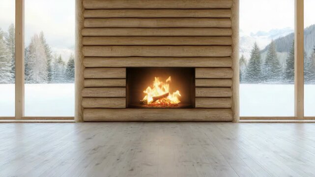 Cozy modern log fireplace with burning fire, log wall and panoramic window showing snowy forest