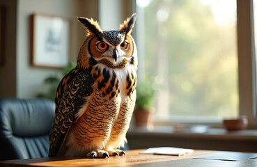 Great horned owl sits on wooden office desk. Bird with bright orange eyes stares intently. Soft light from window illuminates workplace. Indoor scene with blurry background.