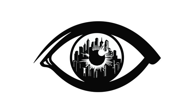 Human eye silhouette reflects a detailed cityscape within the iris and pupil area.