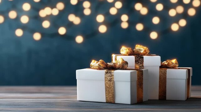 Elegant white gift box with gold ribbon and bow warm festive bokeh lights creating cozy holiday mood