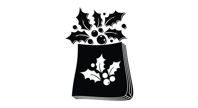 Holly berries and leaves emerge from the top opening of a dark shopping bag illustration.