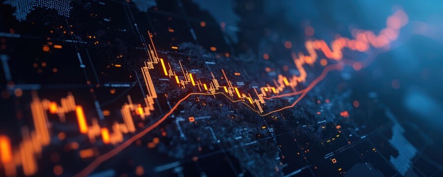 Digital stock market graph shows candlestick chart with rising trend line. Futuristic background with blue gradient and glowing orange data points indicating finance trends.