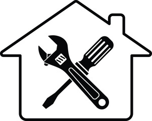 Black house outline with crossed wrench and screwdriver inside home repair