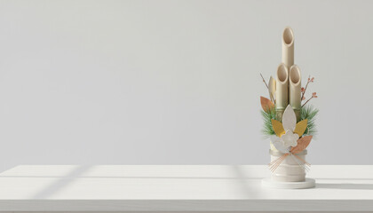 白い陶器の台座に飾られた竹と松の葉と実の和風お正月門松飾り