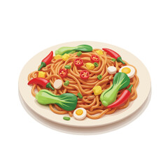 A plate of noodles with vegetables and egg on a white background, presented in a colorful and appetizing illustration style.