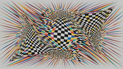 Psychedelic checkered mandala vortex with radiating rainbow rays, hypnotic optical illusion pattern symbolizing altered states of mind, meditation, trip and consciousness