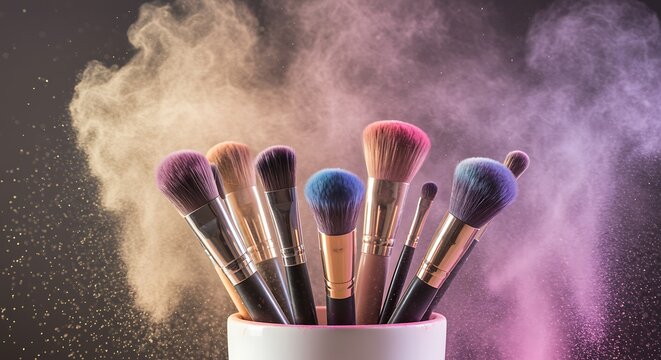 Title: A collection of makeup brushes in a white container with pink and purple makeup powder in