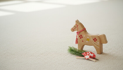 赤い紐と梅の花が飾られた木製の午年の馬の置物と松の葉と扇子の正月飾り