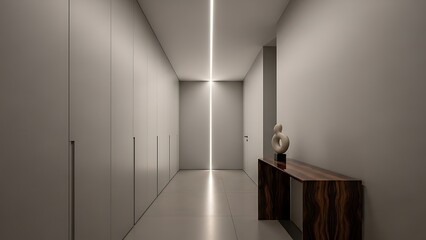 Modern minimalist hallway with linear lighting and sleek design.