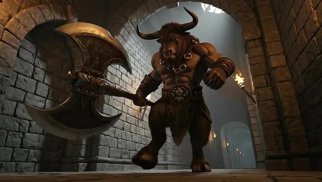 Minotaur Warrior with Axe in Dungeon Corridor Fantasy Creature in Stone Hallway Mythological Beast with Weapon.