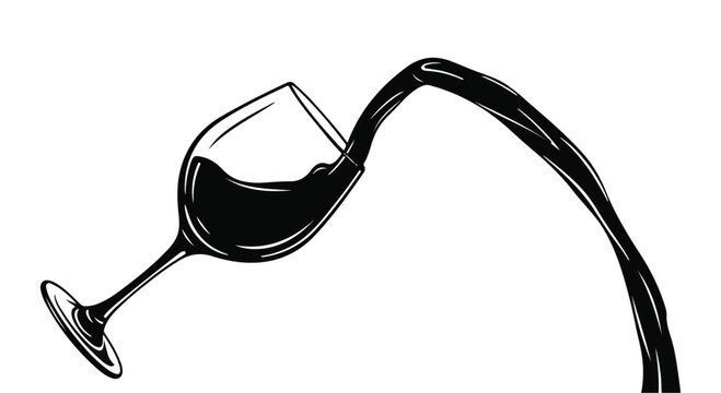 Dark liquid pours dramatically from a tilted wine glass in a sweeping arc against a white background.