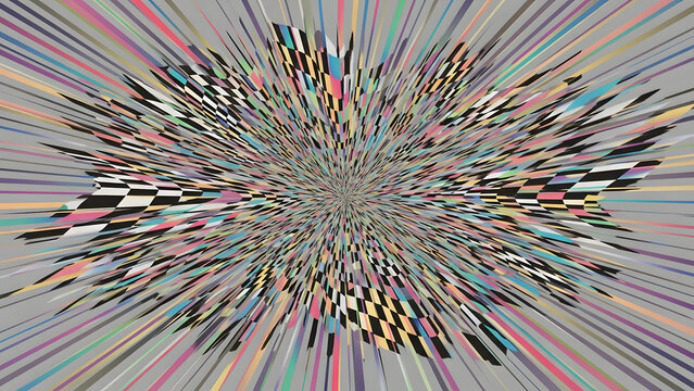 Radiating abstract explosion of tiny colorful squares forming a bright central burst, symbolizing creative brainstorming, innovation, ideas and imaginative thinking