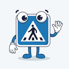 Cartoon pedestrian crossing sign with large googly eyes, waving hand, arms, and legs, in a playful, friendly design.