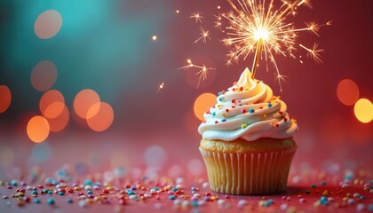 Festive cupcake with white icing and colorful sprinkles. A sparkler burns brightly on top, creating a celebratory atmosphere for a birthday party or special event.